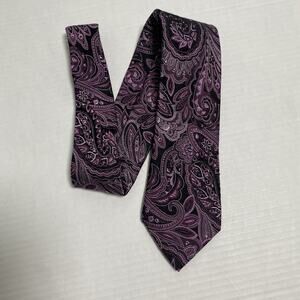 Geoffrey Beene Purple Tie Baroque Black Floral Paisley Woven Silk Formal Busines